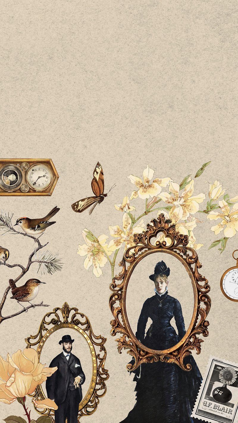 Victorian couple surrounded by a frame with butterflies, birds and flowers - Witch