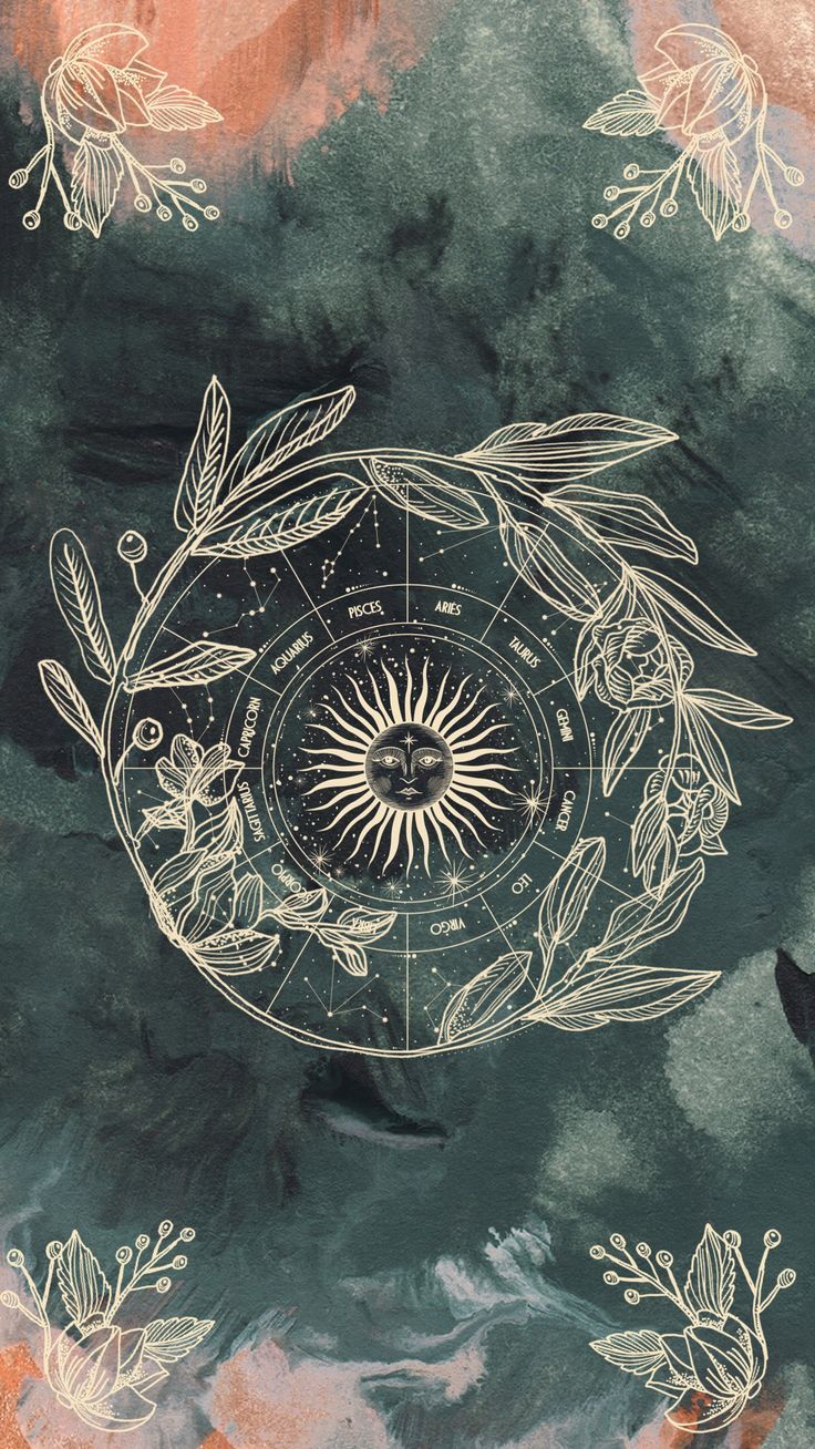 An illustration of a circular zodiac wheel with the sun in the middle - Witch