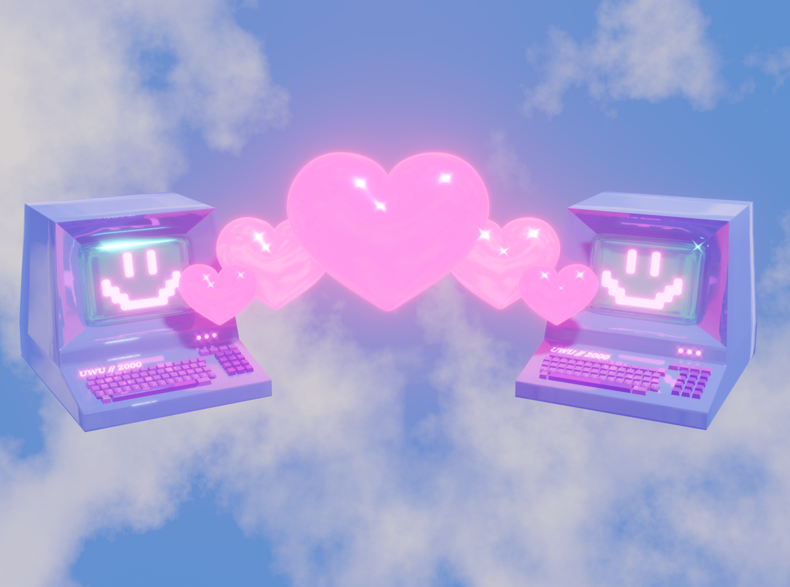 Two old computers with a pink heart and a smiling face between them - 2000s