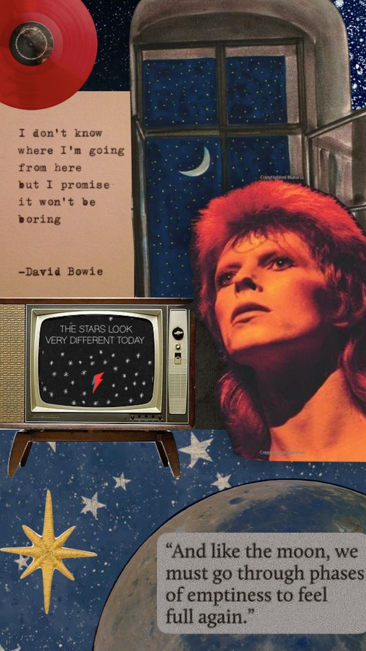 A collage of David Bowie and a quote from him. - David Bowie