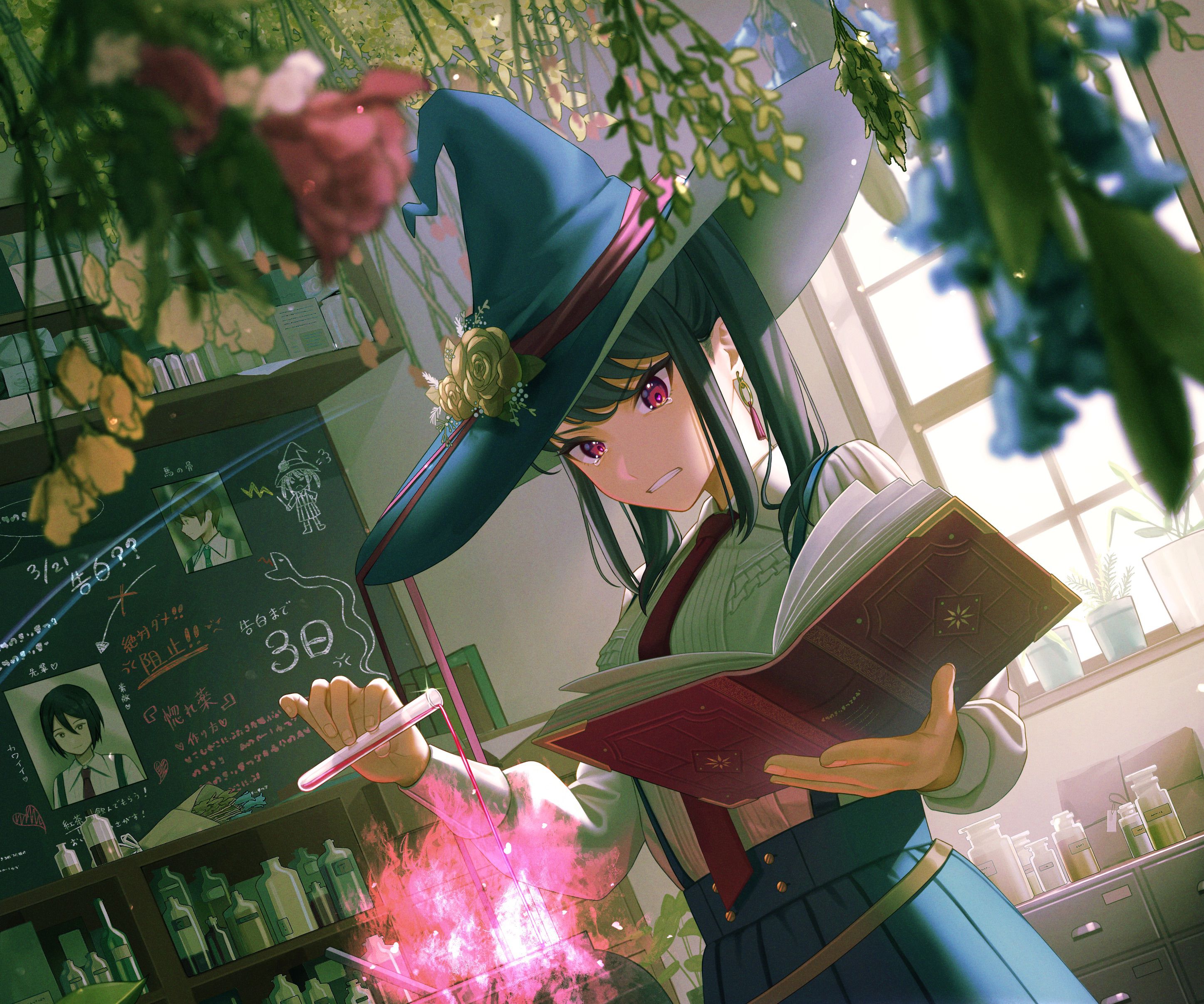 A young girl in a witch's hat is casting a spell with a wand and a book. - Witch