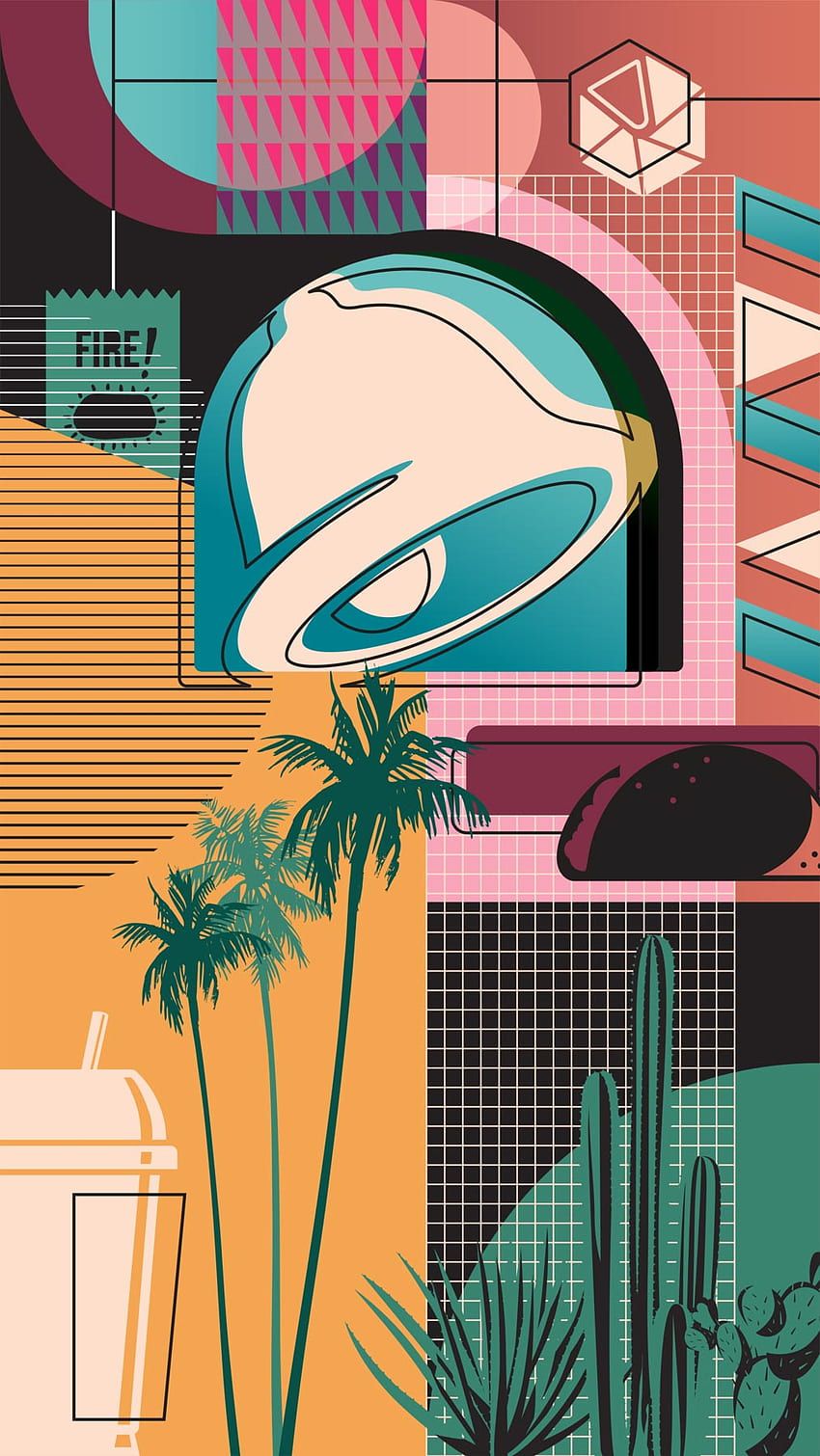 Taco Bell phone wallpaper with 90s aesthetic and palm trees. - 90s