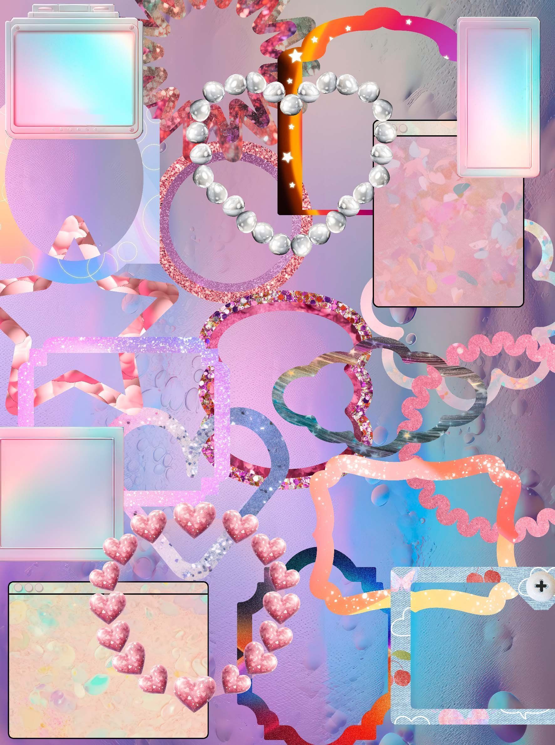 A digital collage featuring a heart made out of pink and white pearls, pink and purple ribbons, and pink and blue sparkly squares. - 2000s