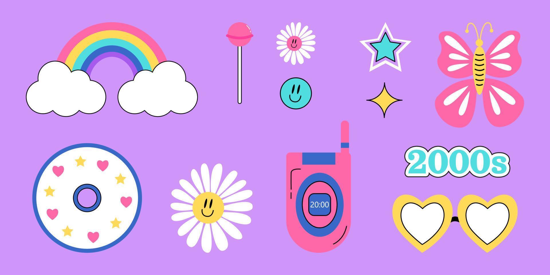 psychedelic set stickers. Trippy daisies, rainbow, smile, lollypop, stars, butterfly, compact disc, mobile phone, glasses on purple background. Y2k vibes elements. Cartoon vector illustration