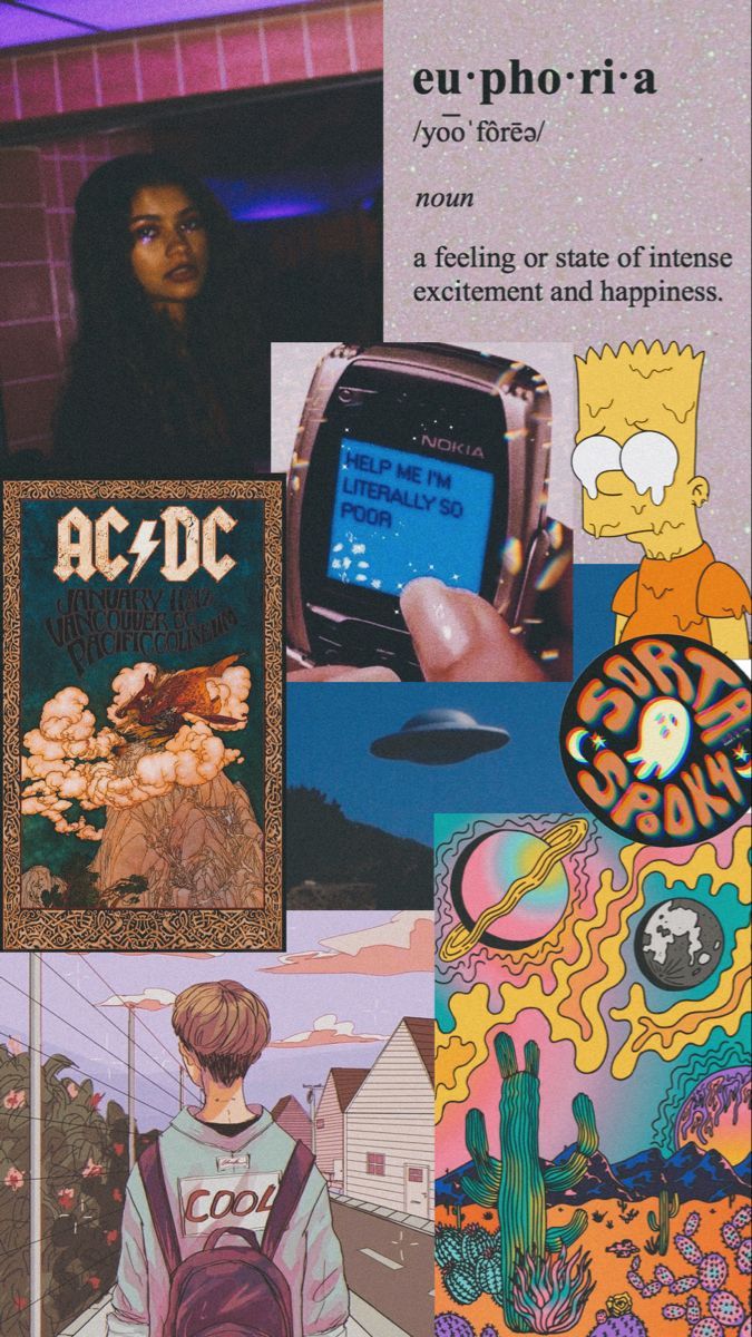 A collage of images including a woman, a phone, ACDC, Bart Simpson, a cactus, and a backpack - 90s