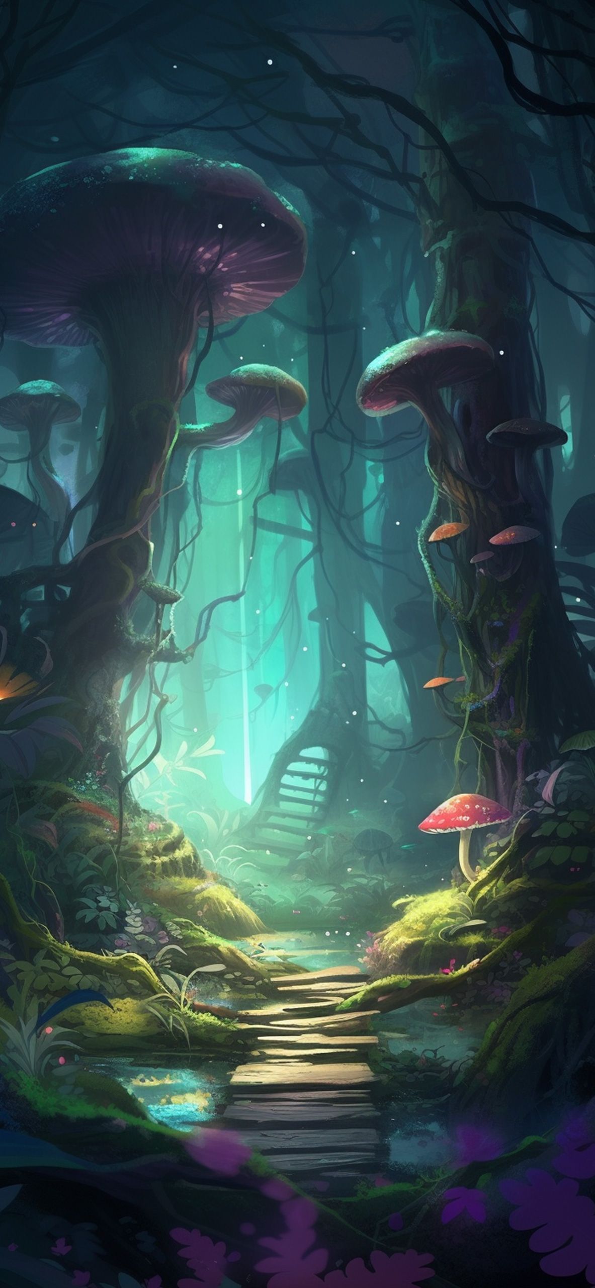 A digital painting of a fantasy forest with mushrooms and stairs - Magic