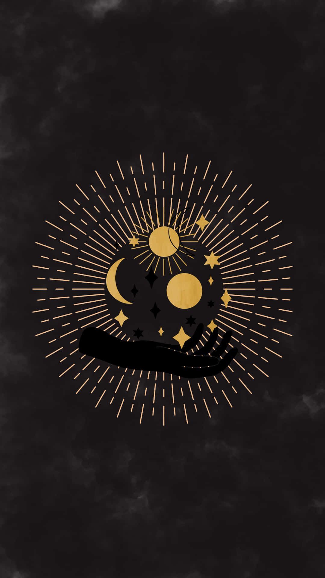 IPhone wallpaper with a black background and a gold moon, sun, and stars - Magic