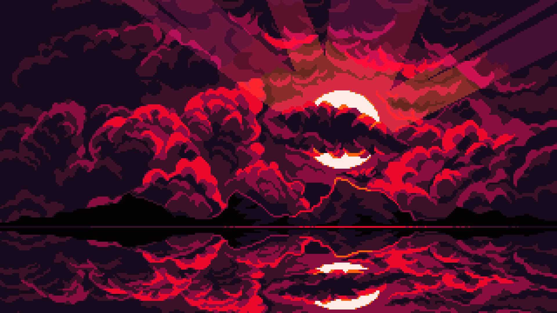 A pixel art sunset with a red sky and a half moon - 1920x1080, sunset