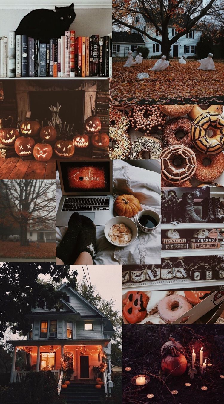 Aesthetic Halloween wallpaper for phone with a collage of images of pumpkins, books, and a cozy home. - Magic, warm, iOS 17