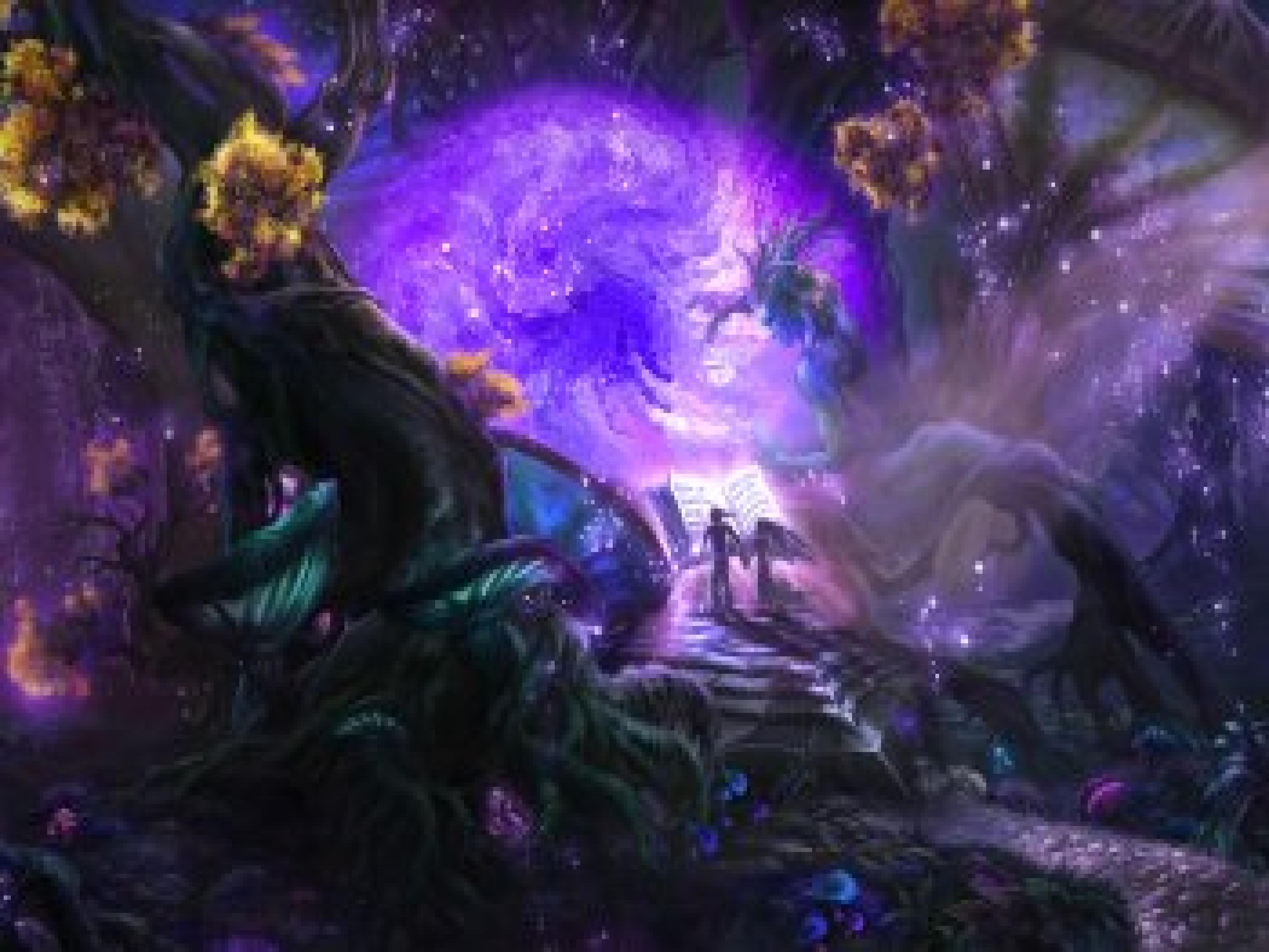 An illustration of a man walking down a path towards a purple planet. - Magic