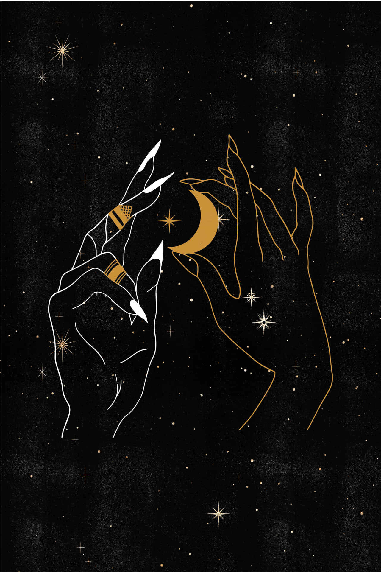 Two hands holding a crescent moon and stars. - Magic