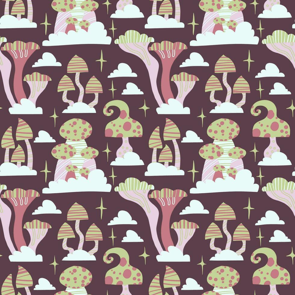 Seamless vector pattern of hand drawn cute psychedelic mushrooms. Design of repeating magic mushrooms for printing scrapbooking paper, fabric, wallpaper, background. - Magic