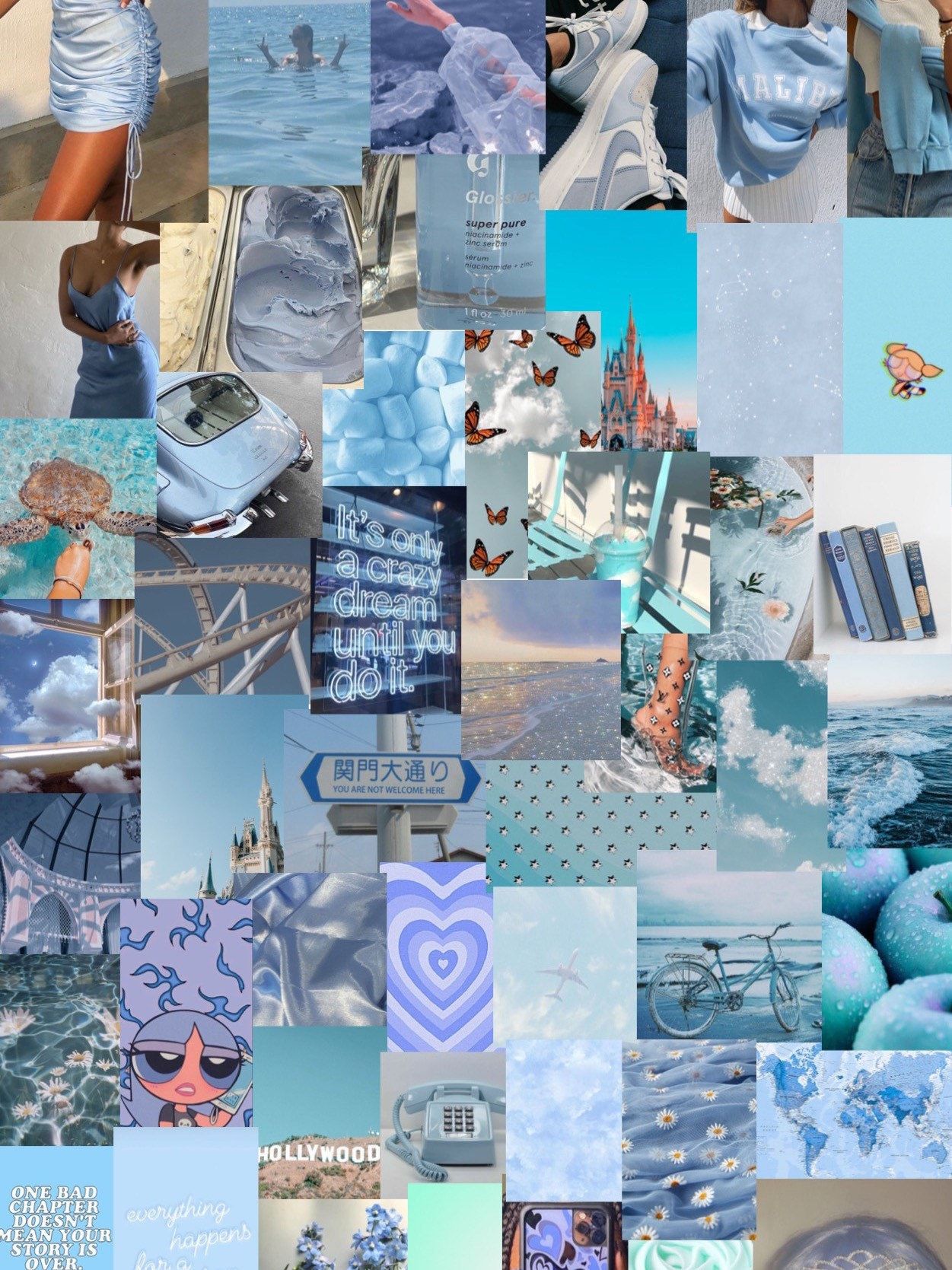 Collage of blue aesthetic pictures including the ocean, butterflies, and a girl in a car - Pastel blue