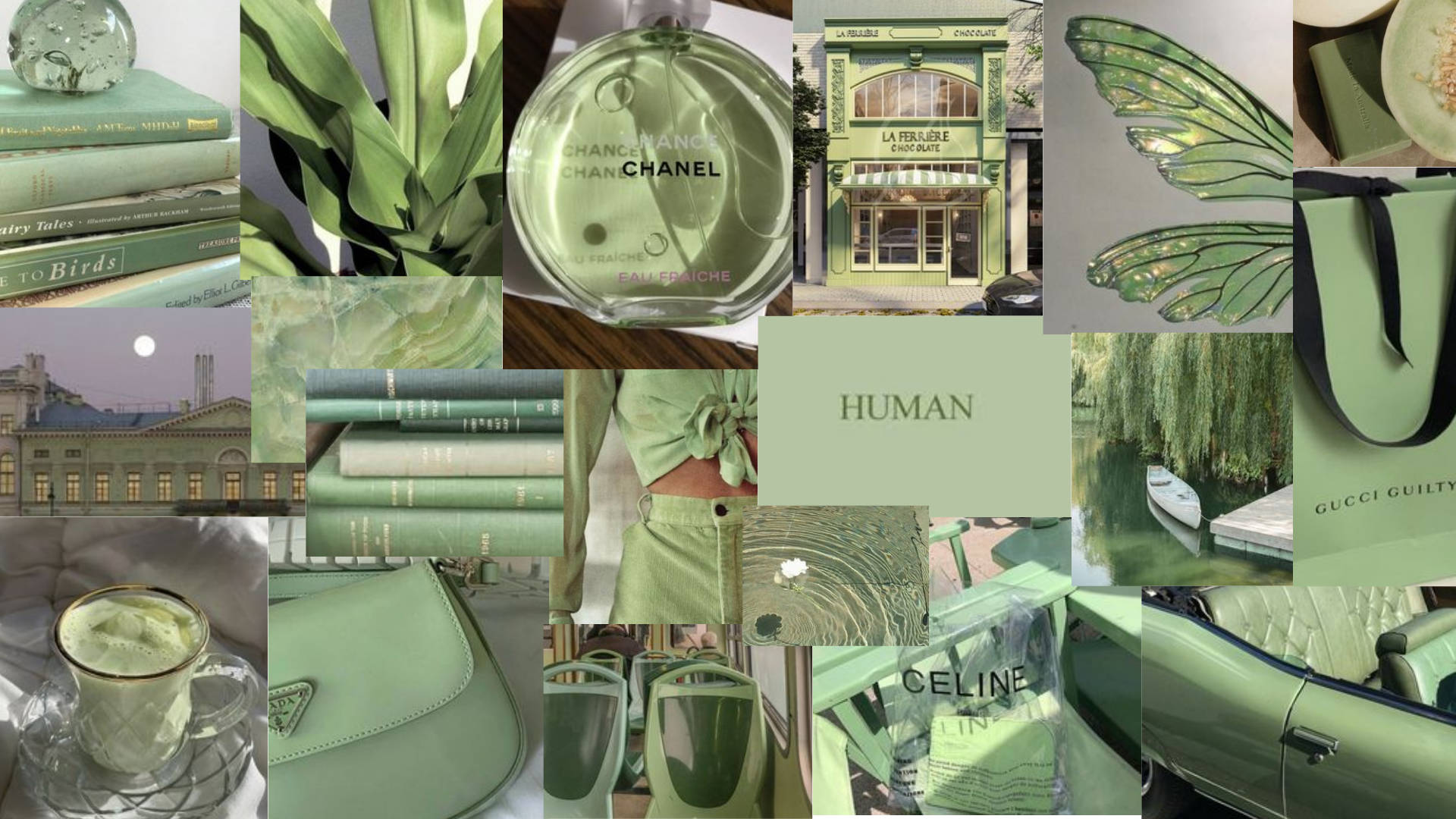 A collage of green aesthetic images including books, a Chanel bag, a butterfly, and a cup of tea. - Pastel green