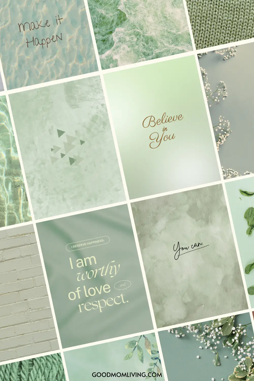 A collage of 9 photos in a seafoam green and white color scheme with affirmations such as 