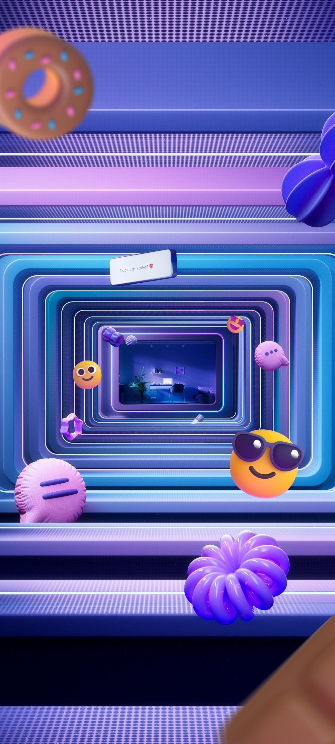 A phone wallpaper with a purple background and emoji characters. - Emoji