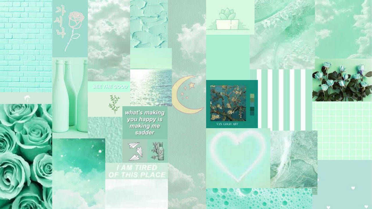 A collage of images in a mint green aesthetic. - Pastel green