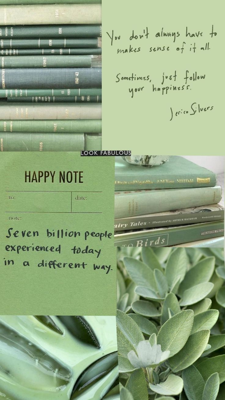 A collage of green books, green plant leaves, and a happy note. - Pastel green