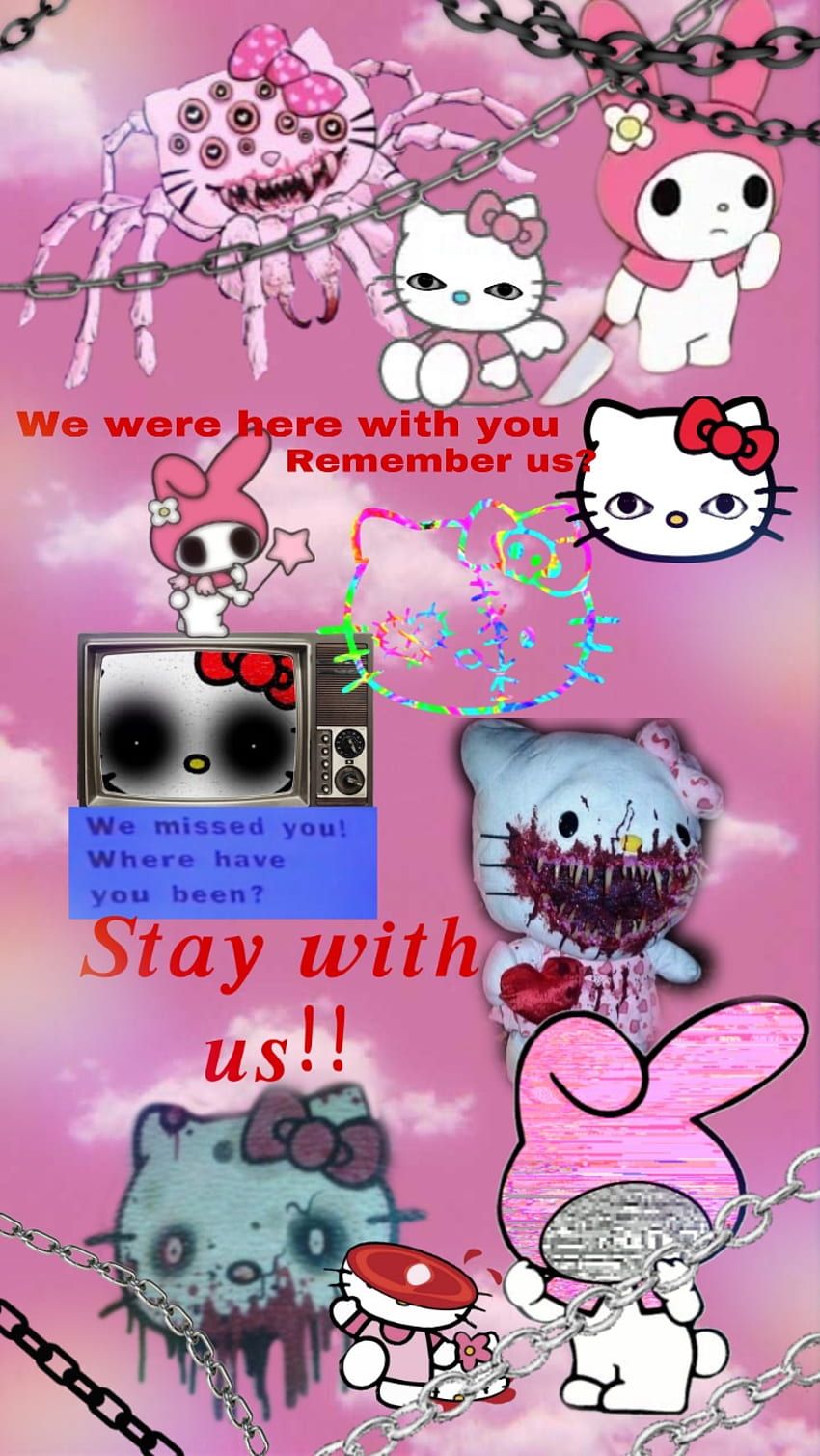 A collage of Sanrio characters and a Stay with Us message - Weirdcore