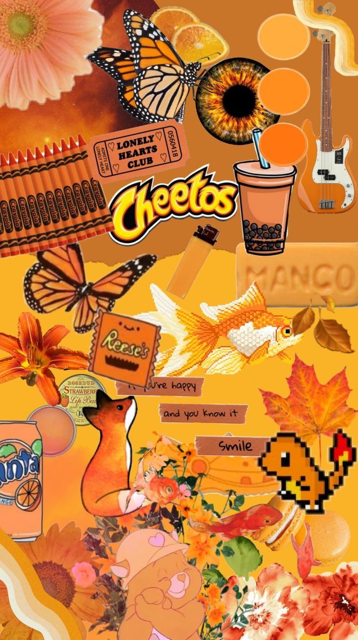 Aesthetic background with orange and yellow colors, with elements like a butterfly, a guitar, a cup of mango juice, a pack of crayons and the word 