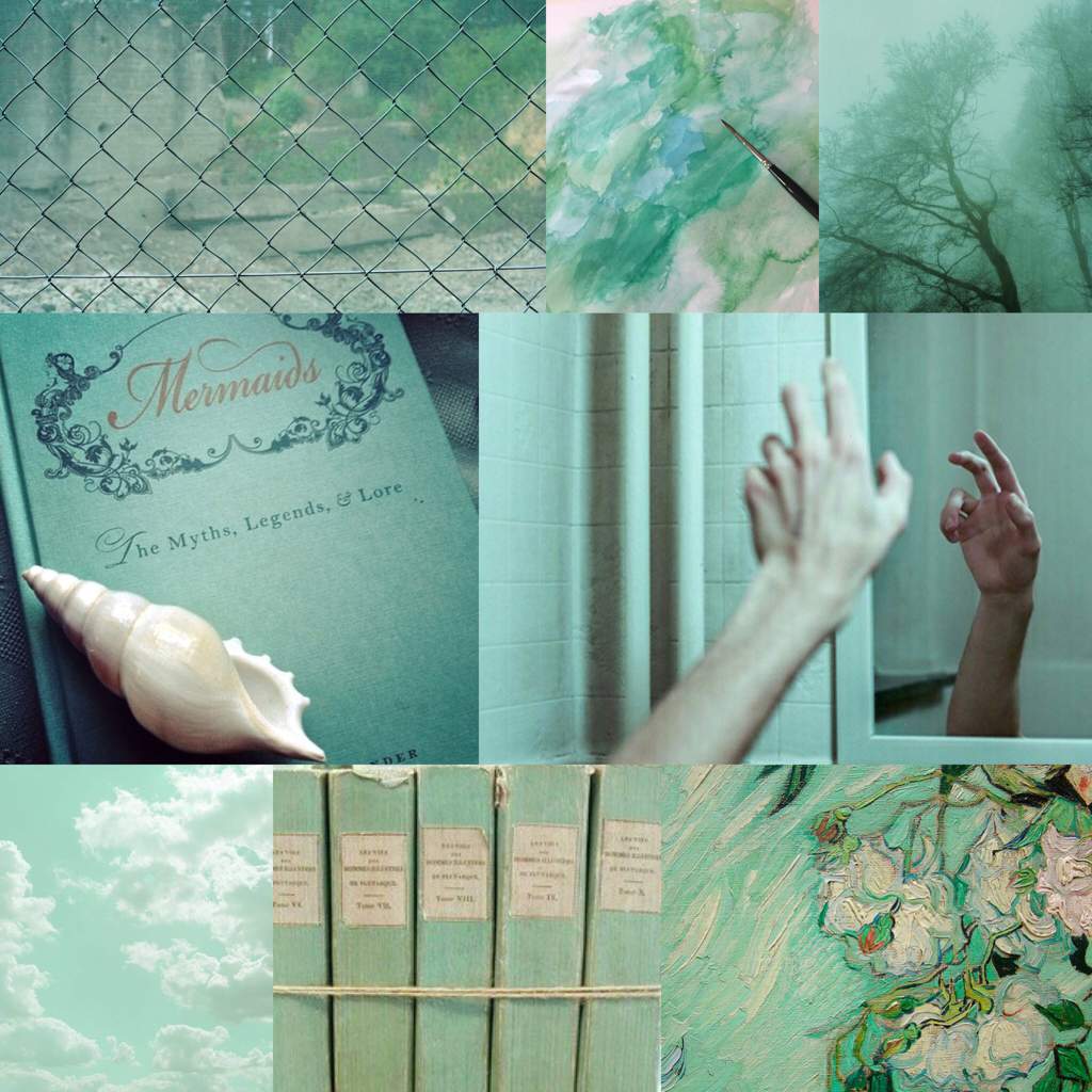 A collage of a book, a seashell, a hand, a painting, and a fence. - Pastel green