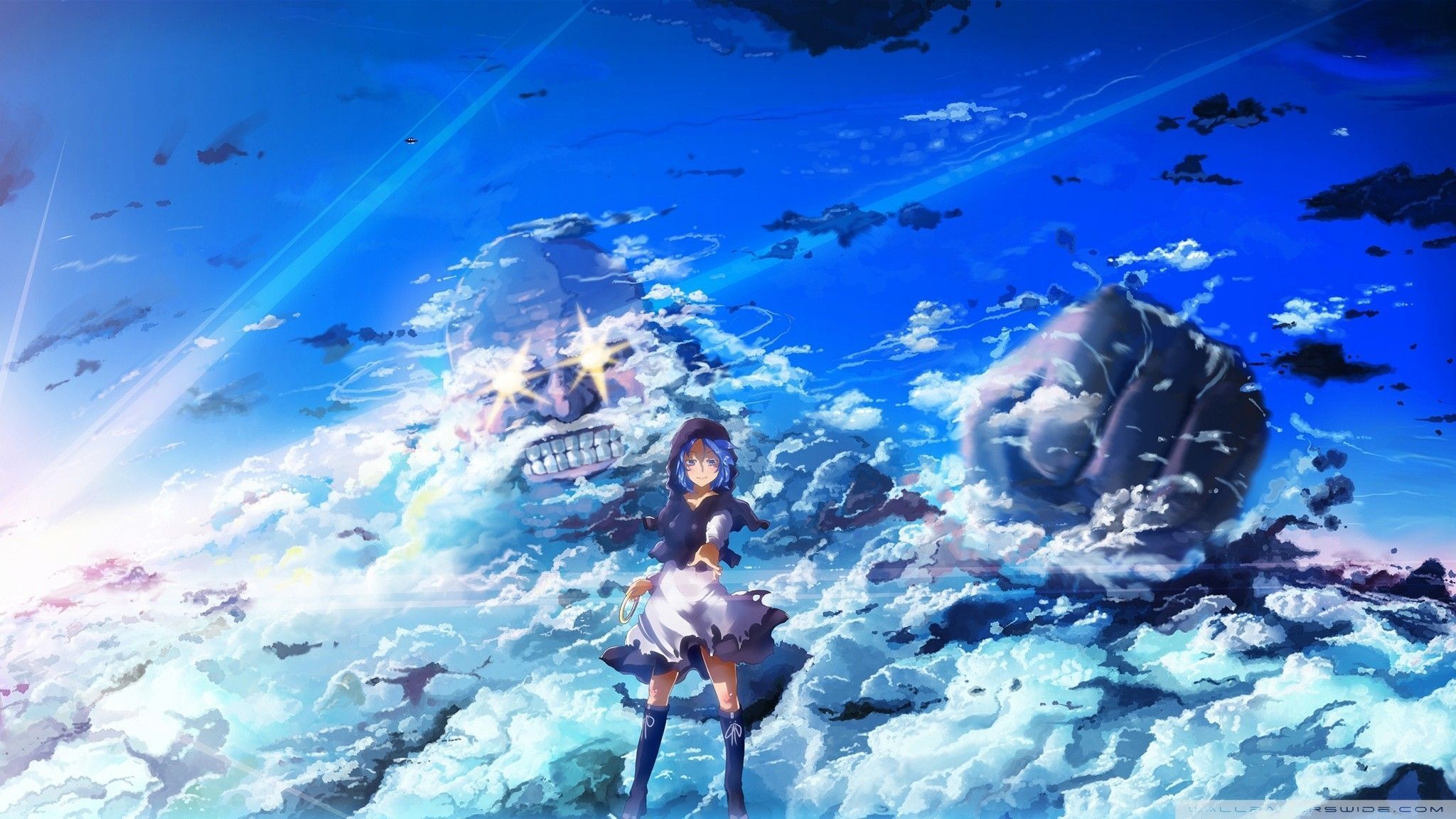 Anime girl standing on the clouds wallpaper background - 2048x1152
