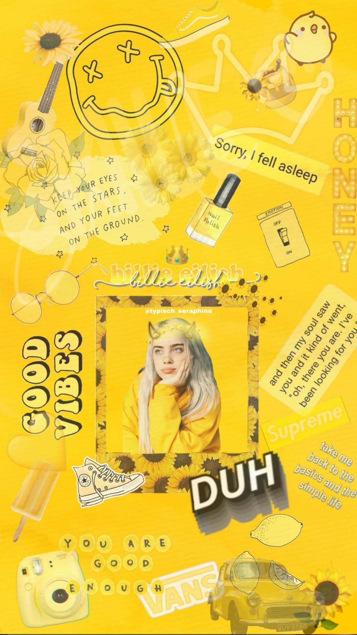 Aesthetic Billie Eilish wallpaper made by me! Credit to the rightful owners of the pictures used - Yellow iphone, Billie Eilish