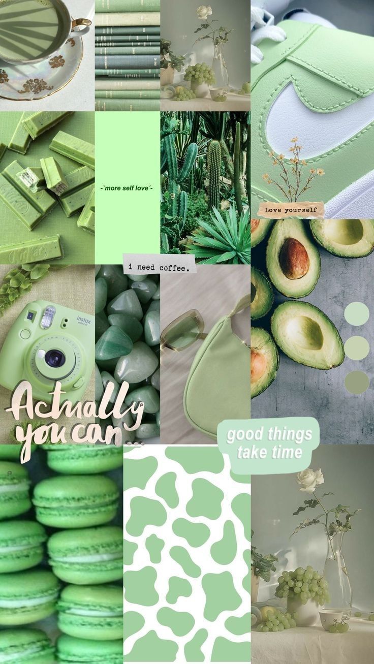 A collage of green and white aesthetic pictures - Pastel green, mint green