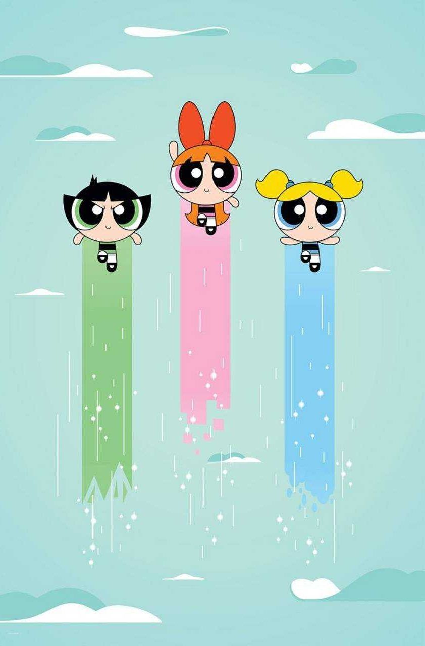 The powerpuff girls are flying in a cartoon - The Powerpuff Girls