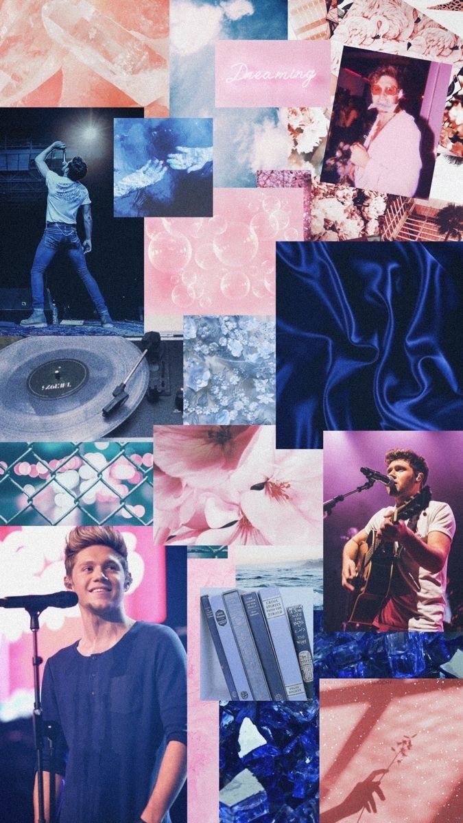 Collage of Niall Horan's photos, including a picture of him on stage, a picture of him singing, and a picture of him holding a guitar. - One Direction