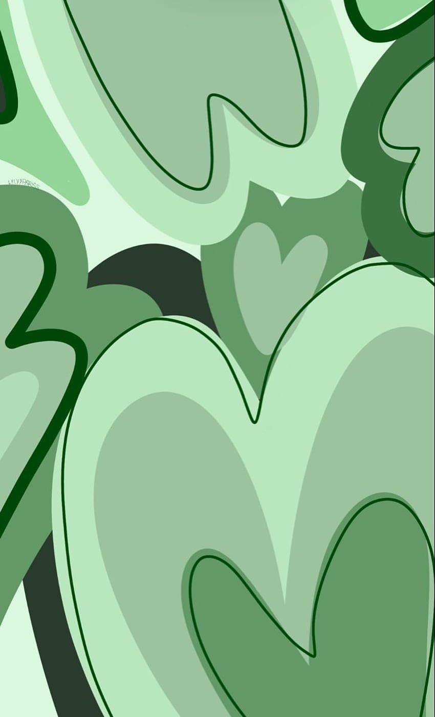 Green wallpaper with hearts and leaves. - Pastel green