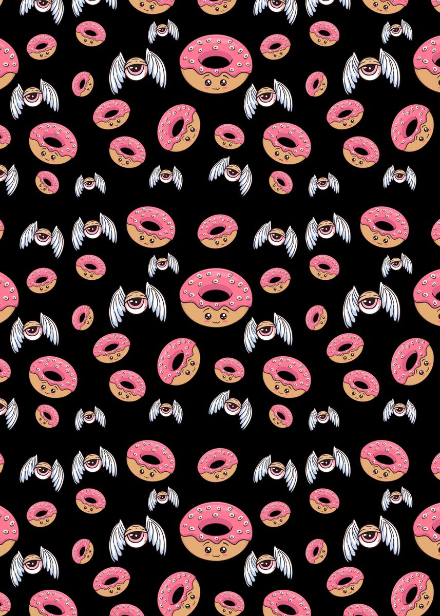 A pattern of pink iced donuts with eyes and wings on a black background - Weirdcore