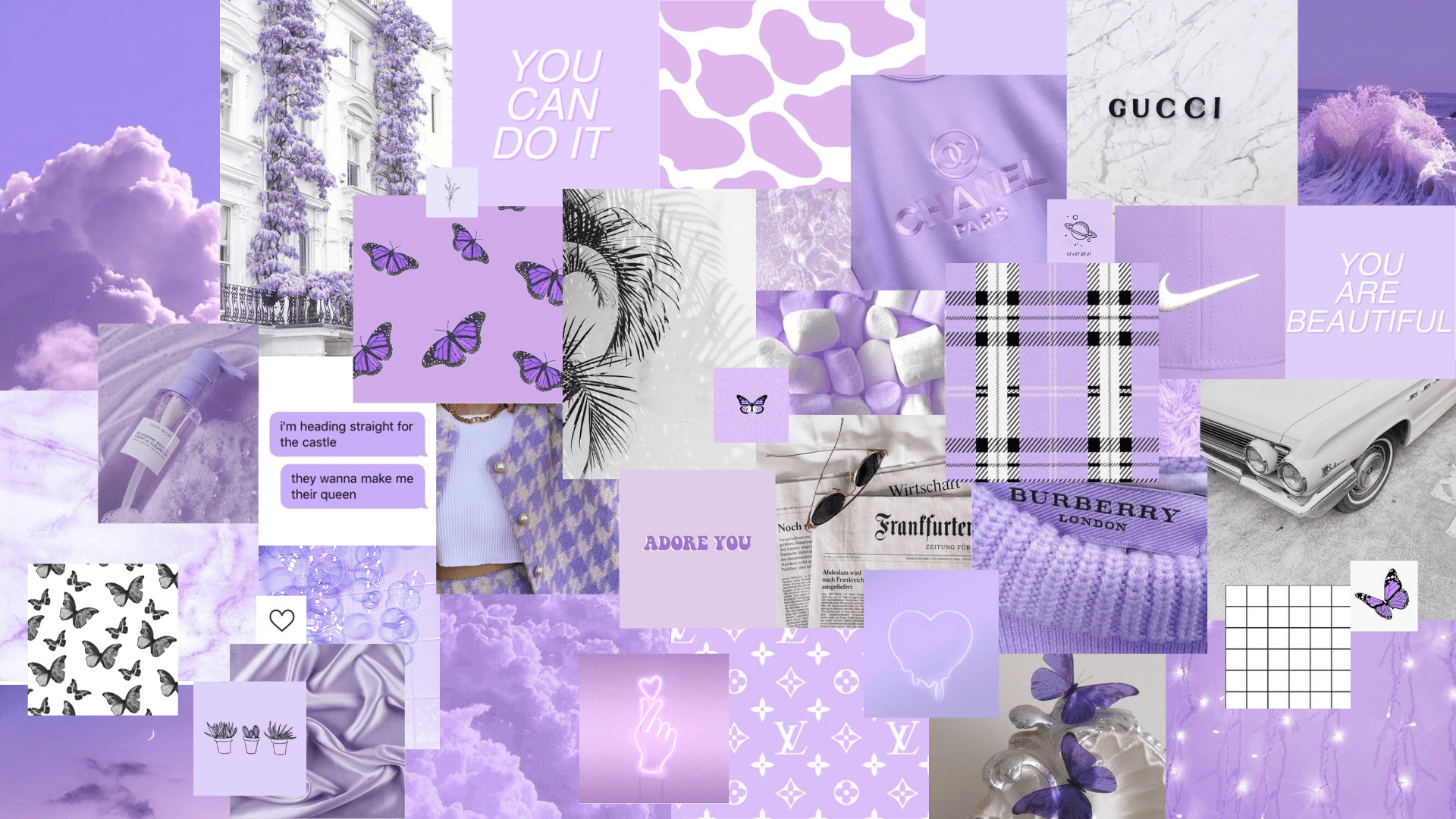 A collage of purple and white aesthetic images. - Pastel purple