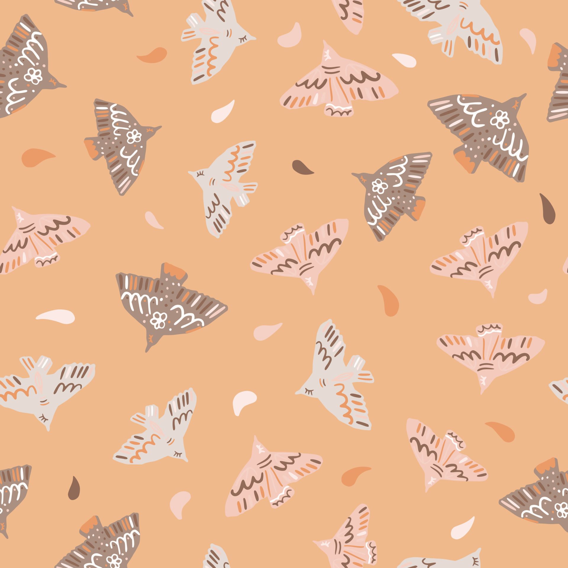 Pastel tender seamless pattern with bird ornament. Soft orange background with white and beige bird silhouettes