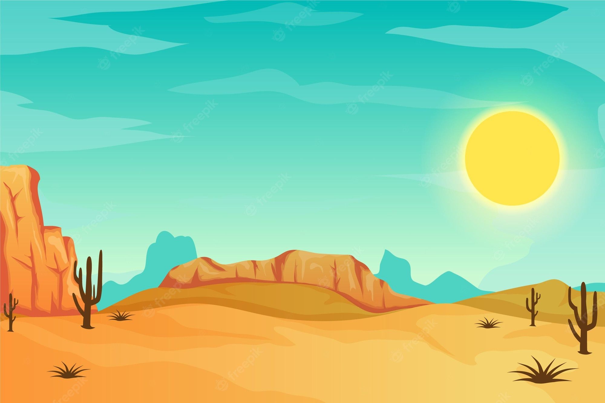 A desert landscape with a big sun in the sky - Desert