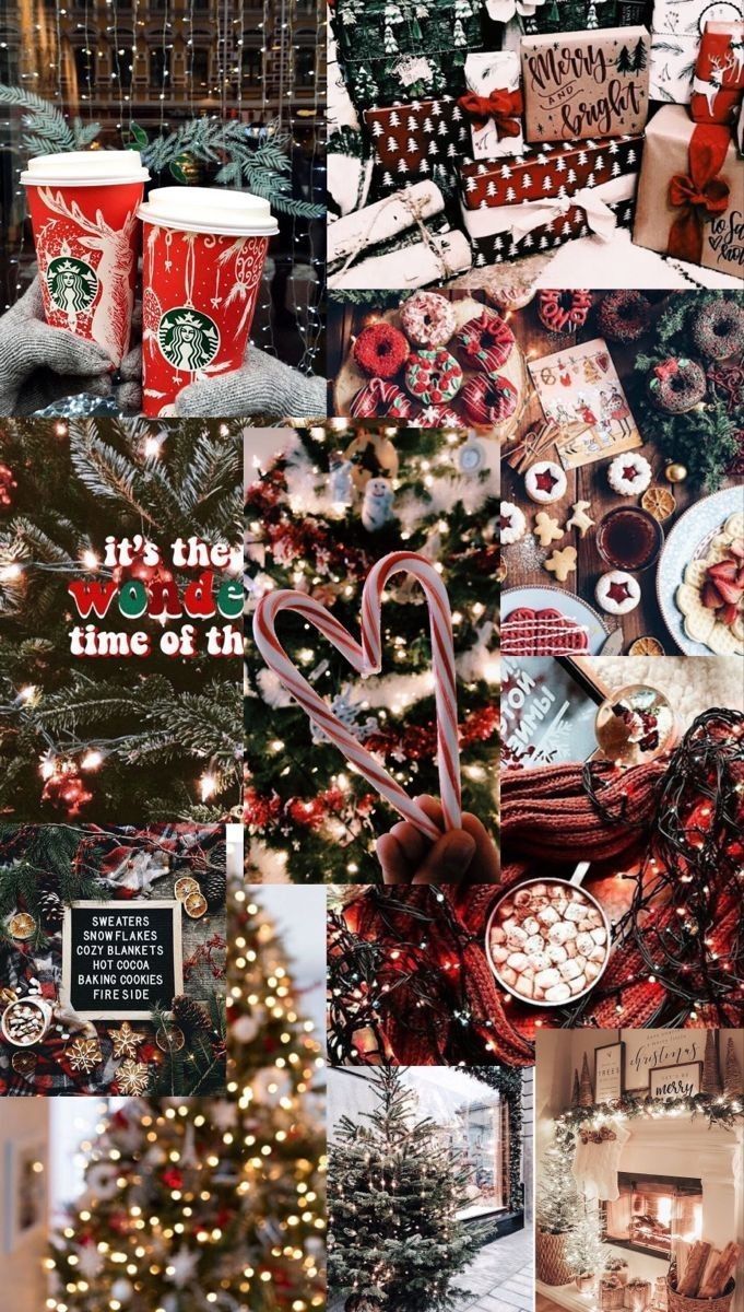 Aesthetic Christmas Collage with images of Christmas trees, candy canes, hot cocoa, and a fireplace. - Cute Christmas