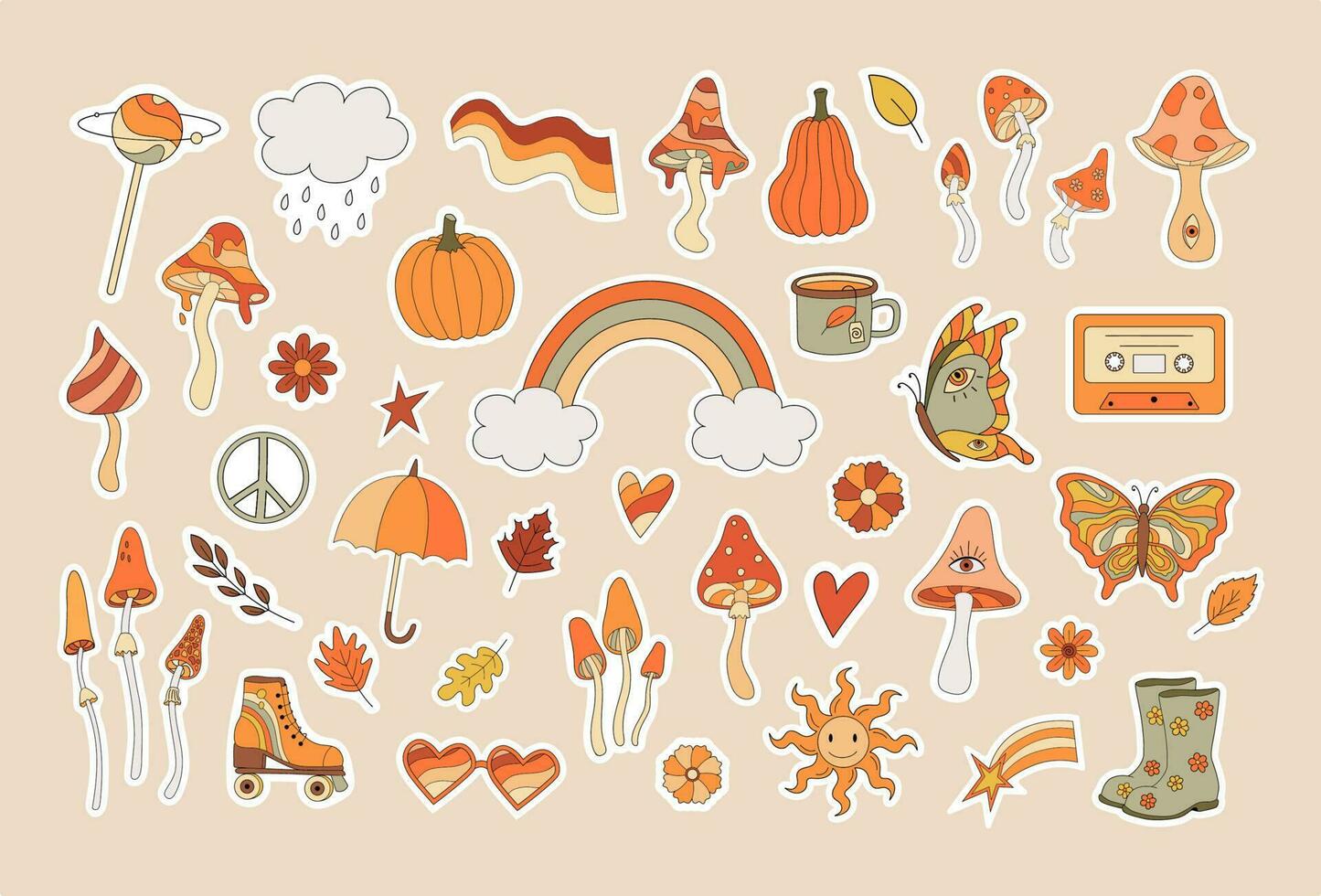 Set of 80s fall vibe stickers. Retro mushroom, rainbow, pumpkins, lips, peace sign, butterfly, hippy style stickers. Vintage psychedelic groovy flat symbols, autumn vibes vector illustration