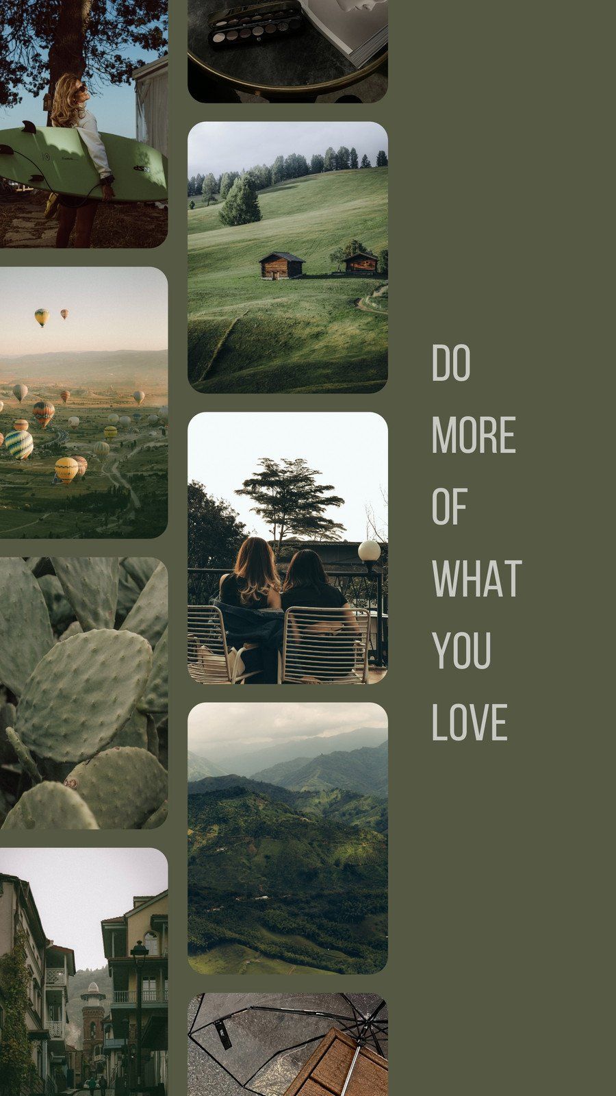 A collage of photos including a woman sitting on a bench, a landscape of a green field, and a cactus. - Dark green