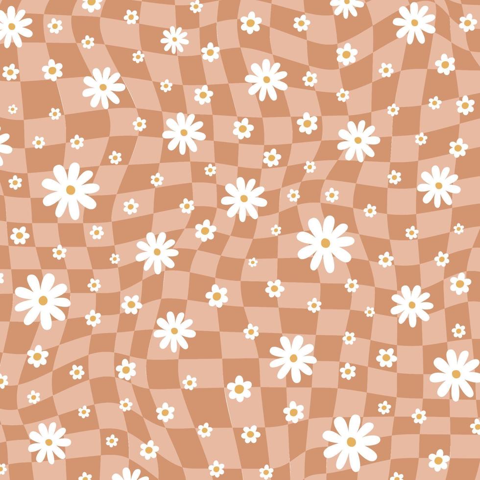 Groovy retro floral background. Retro checkered background. Retro 70s checkered wallpaper. Daisy flowers. Pastel beige hippie aesthetic print. Vector illustration. Vintage wave backdrop