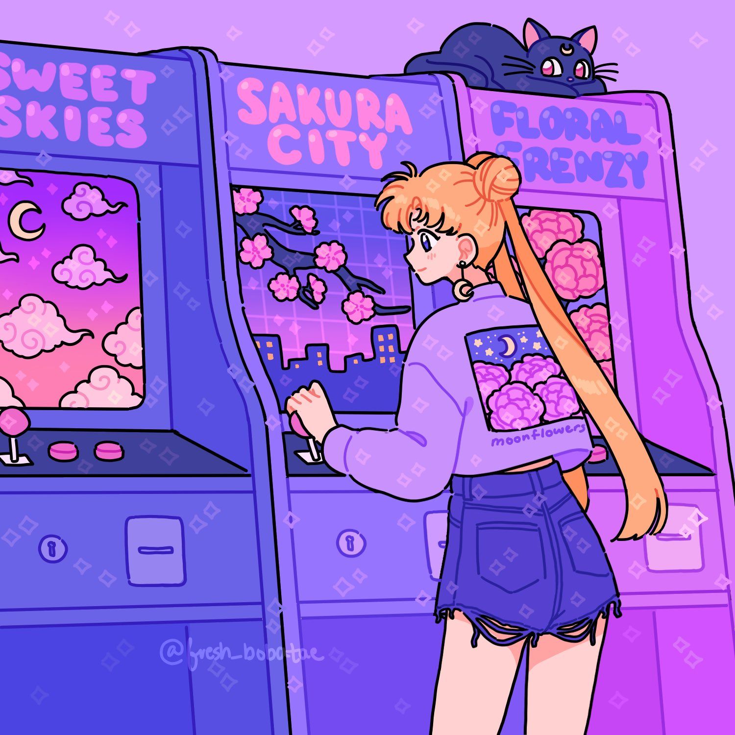 A digital illustration of a girl standing in front of a row of arcade machines. - Sailor Moon