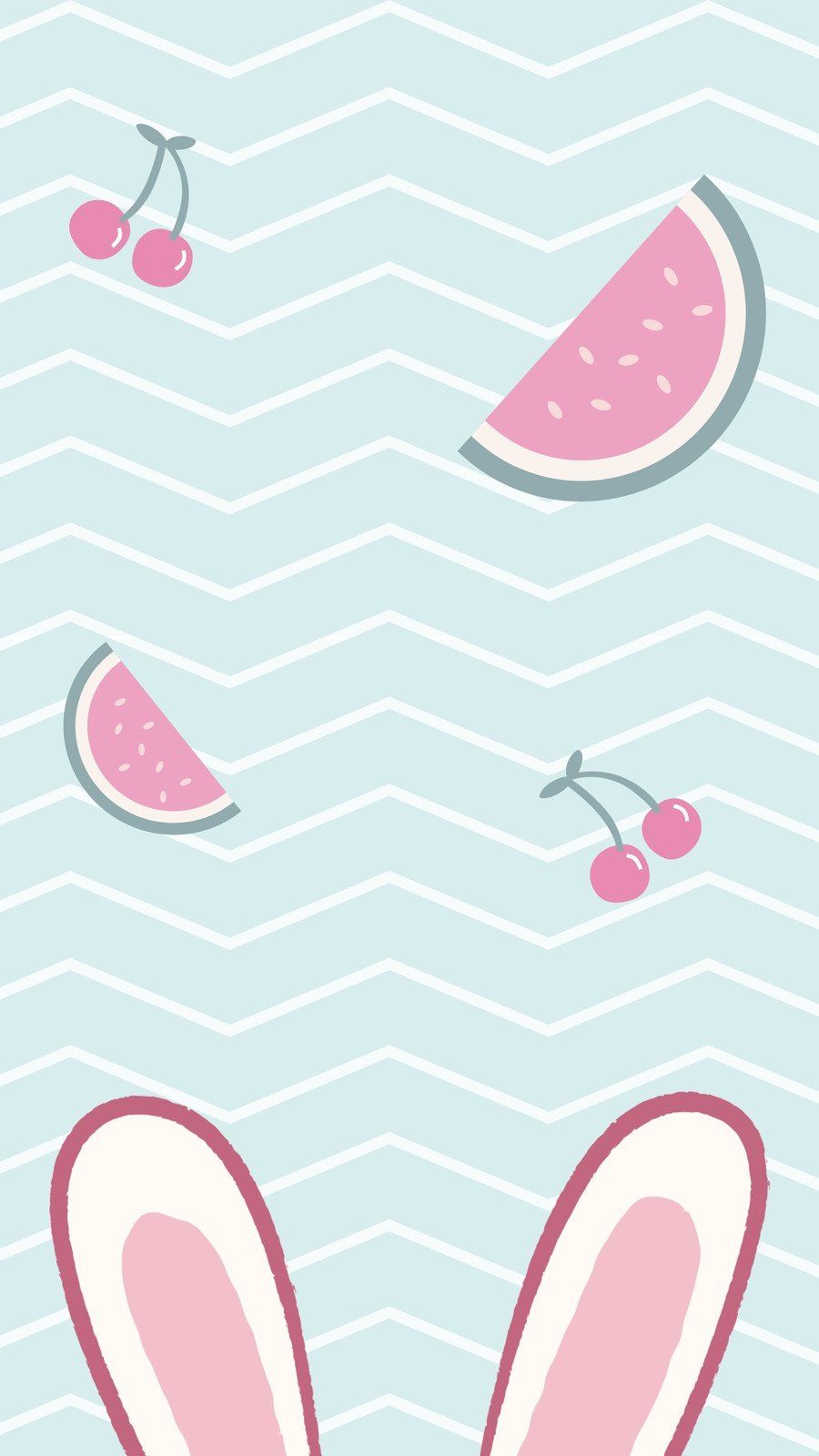 IPhone wallpaper with a cute rabbit, watermelon and cherry - Cute pink