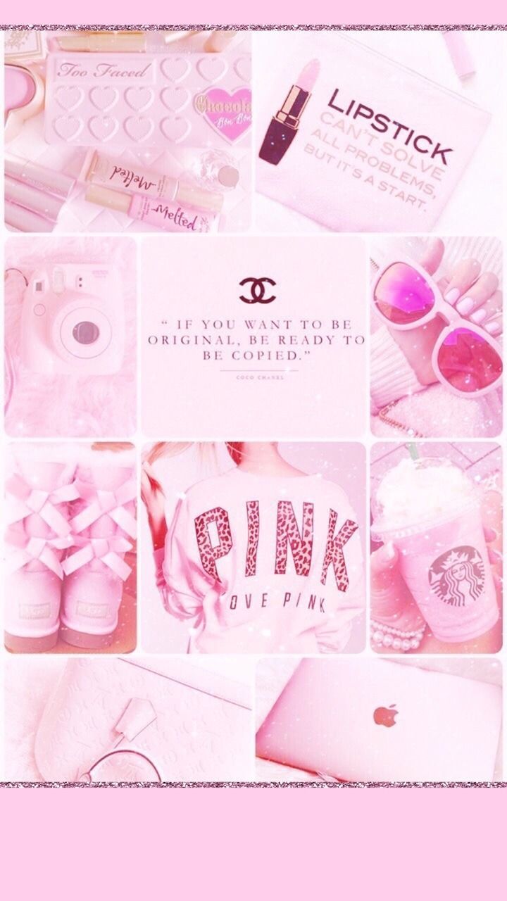 Aesthetic wallpaper for phone with pink background and different pictures like a cup of coffee, a girl, a bag and some others - Cute pink
