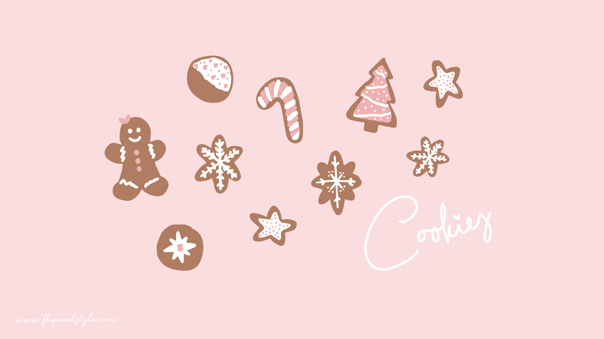 A festive holiday wallpaper featuring a gingerbread man, candy cane, and other holiday cookies on a soft pink background. Perfect for desktop or phone background. - Cute Christmas