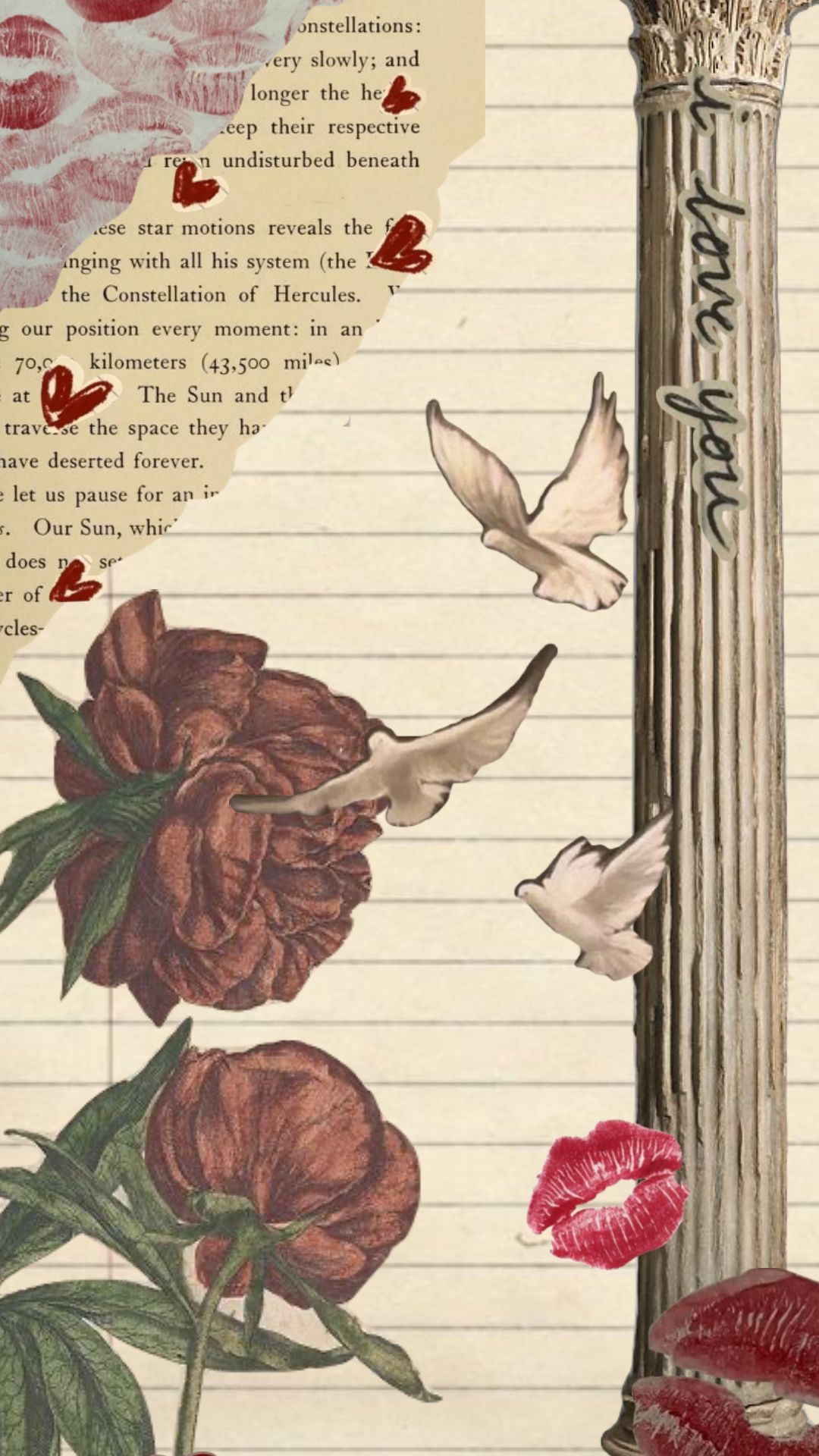 IPhone wallpaper with a vintage aesthetic, featuring a column, doves, a rose, and a lipstick kiss. - IPhone red