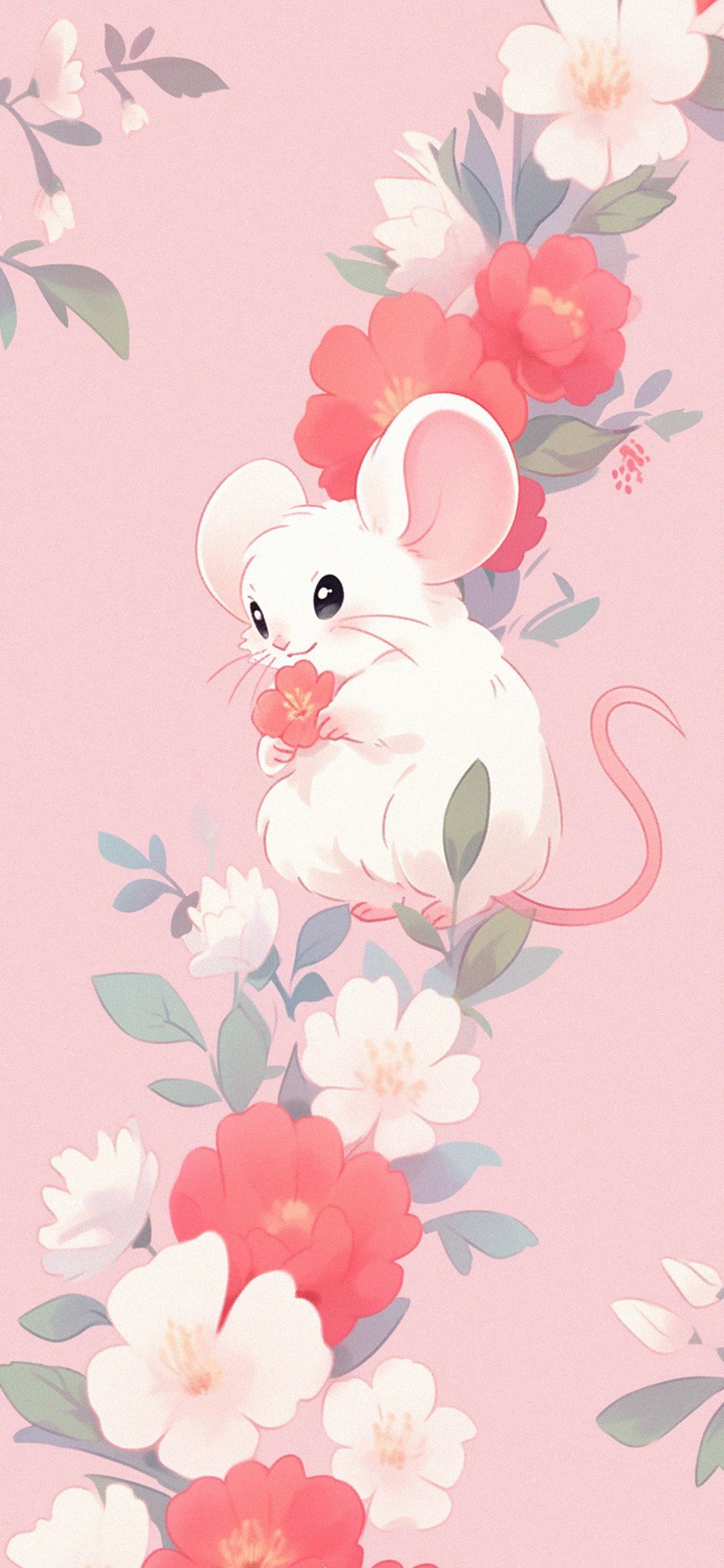 A white mouse holding a red flower on a pink background - Cute pink