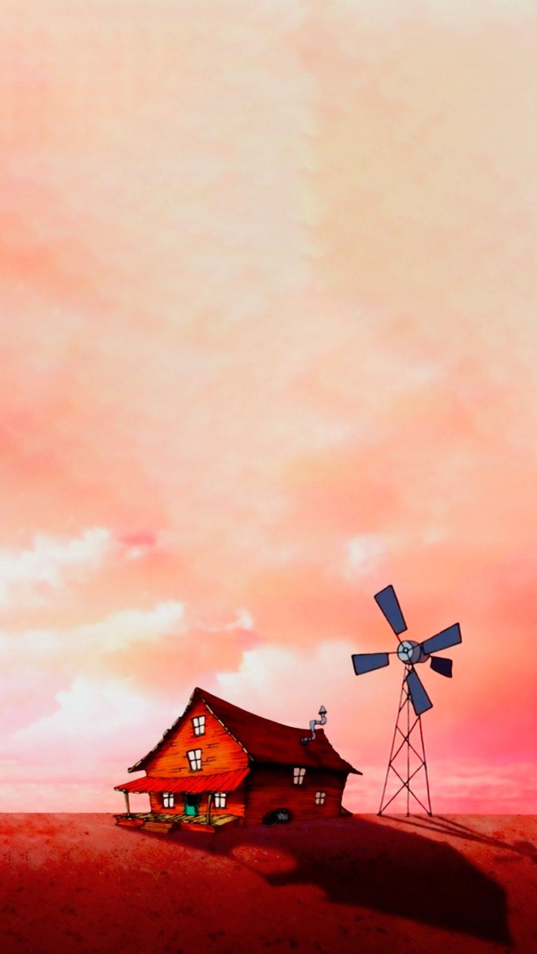 IPhone wallpaper of a house and windmill in a red sky - IPhone red