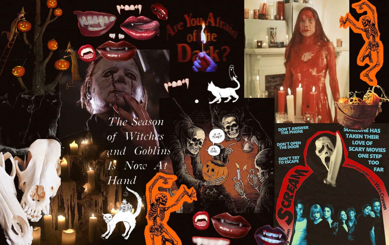 A collage of Halloween images including a witch, a cat, a skull, and a haunted house. - Horror