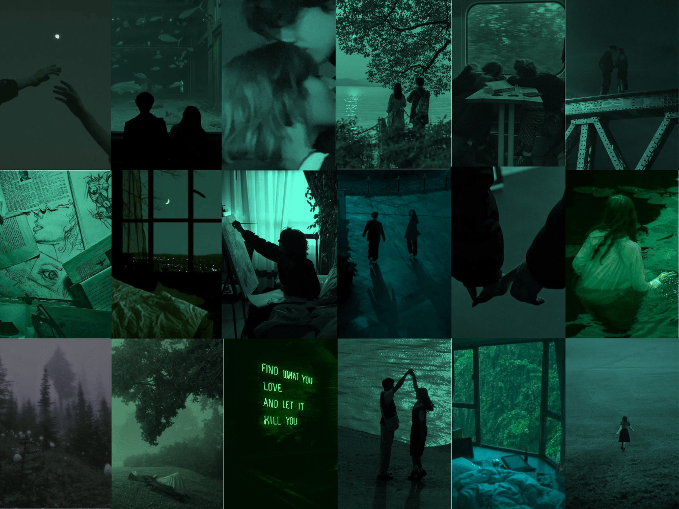 A collage of green photos, including a tree, a sign that says 