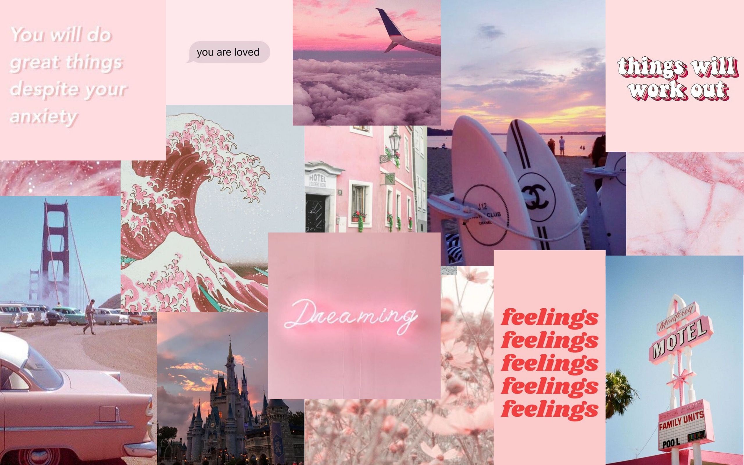 A collage of pink aesthetic images including clouds, a car, and motivational quotes. - Cute pink