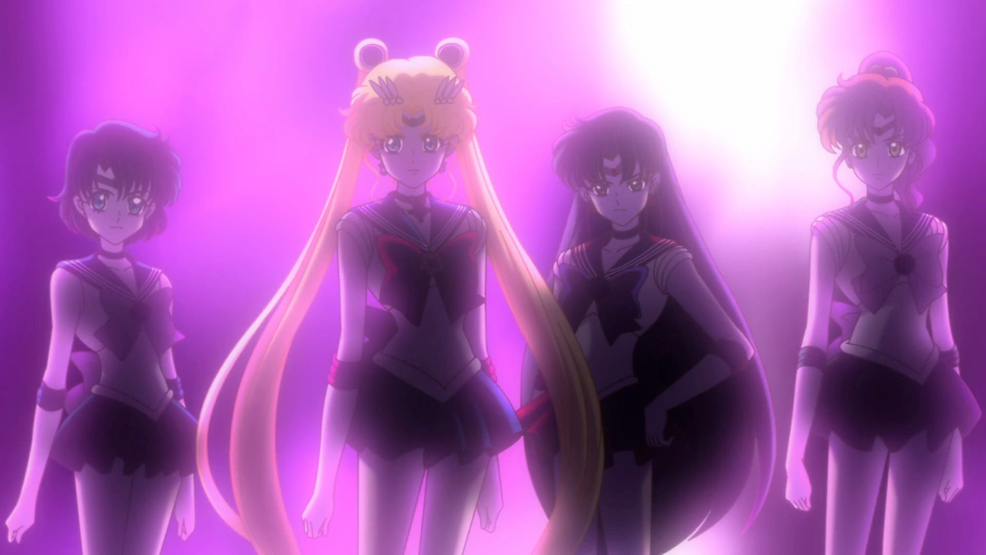 The four guardians in their black suits, with Sailor Moon in the center. - Sailor Moon